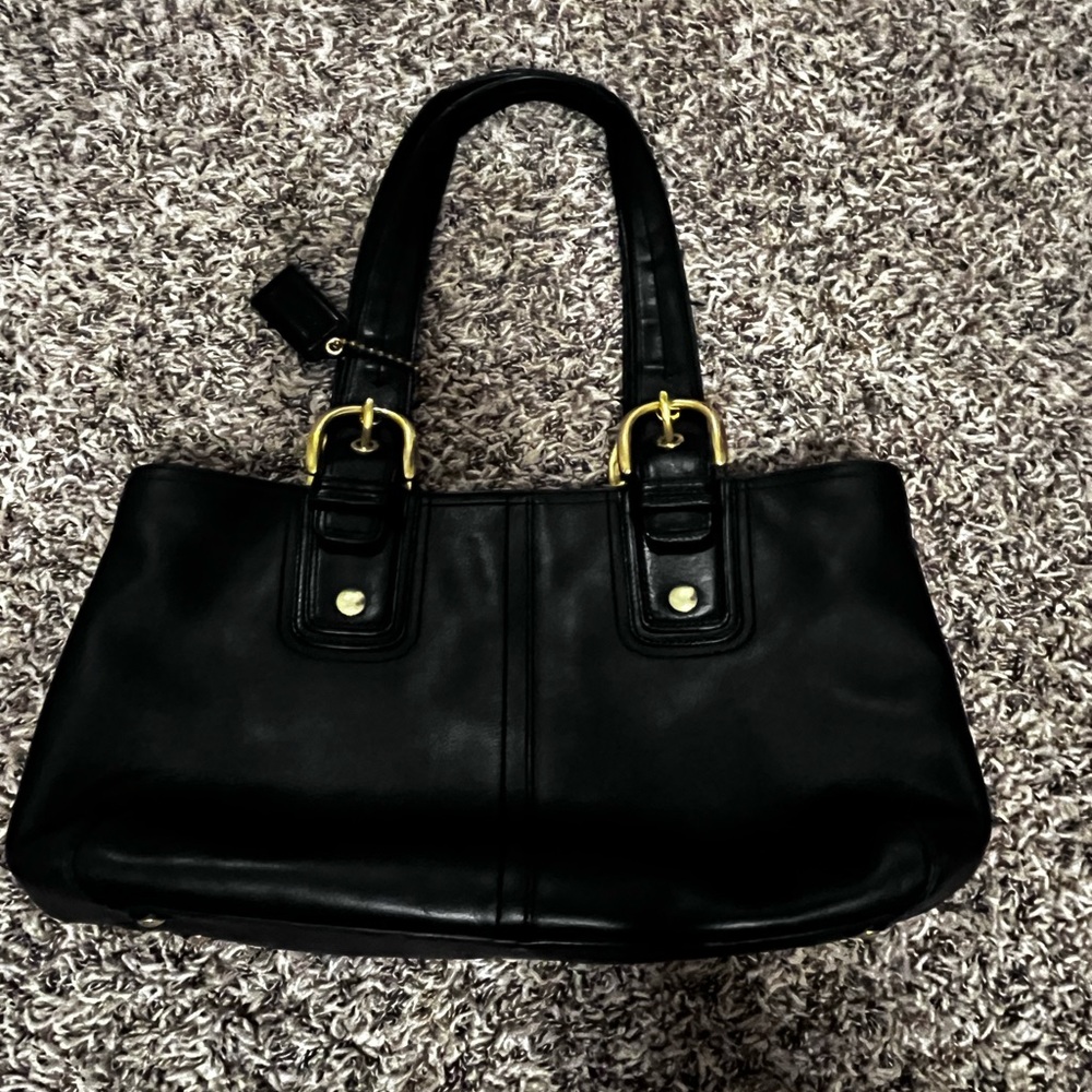 Coach Black Leather Shoulder Bag with Gold Accents